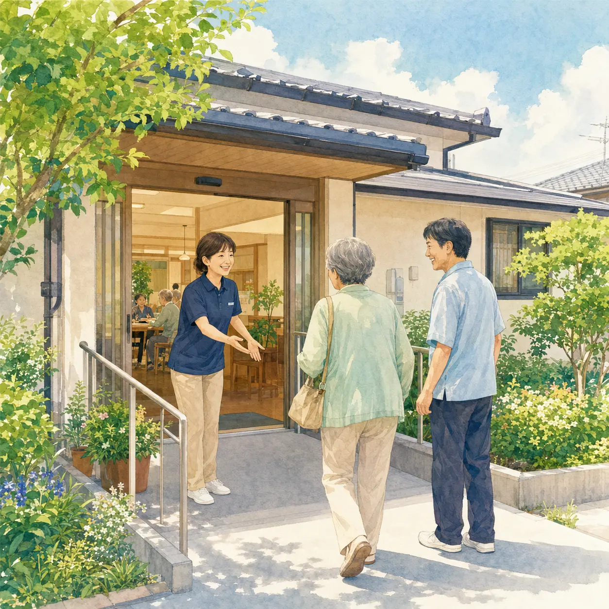 戸建てを活用した介護・福祉施設で、職員が利用者を迎えるイラスト